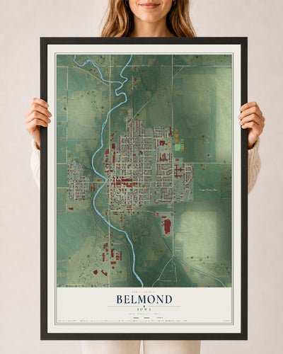 Map of Belmond, Iowa, 24 x 36 inch print in a black wood frame