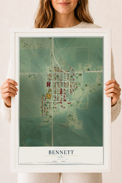 Map of Bennett, Iowa, 18 x 24 inch print in a white wood frame