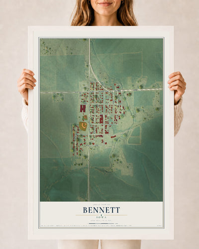 Map of Bennett, Iowa, 24 x 36 inch print in a white wood frame
