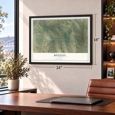 Bentley, Iowa map, 18 x 24 inch print in a black frame in a home office