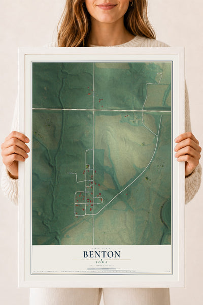Map of Benton, Iowa, 18 x 24 inch print in a white wood frame