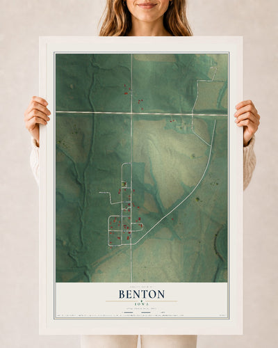 Map of Benton, Iowa, 24 x 36 inch print in a white wood frame