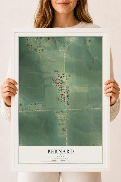 Map of Bernard, Iowa, 18 x 24 inch print in a white wood frame