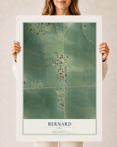 Map of Bernard, Iowa, 24 x 36 inch print in a white wood frame