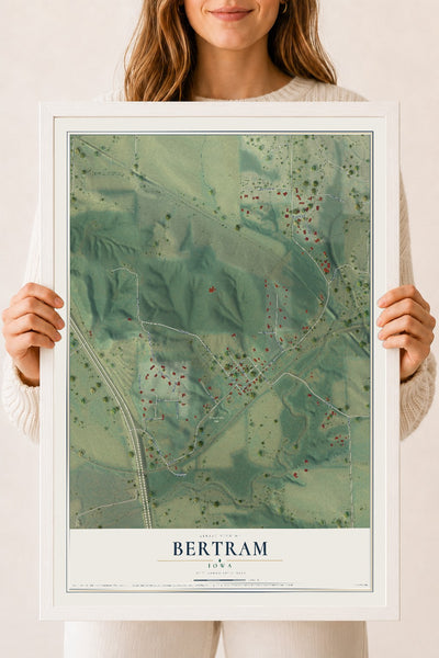 Map of Bertram, Iowa, 18 x 24 inch print in a white wood frame