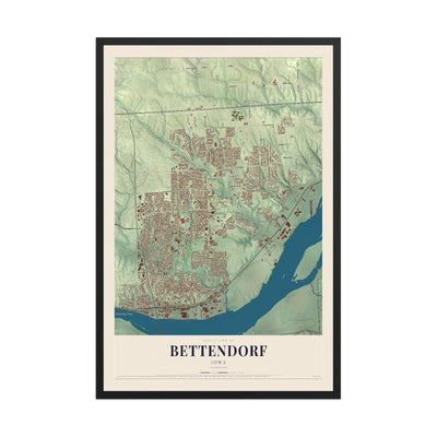 Map of Bettendorf, Iowa, 12 x 18 inch print in a black wood frame