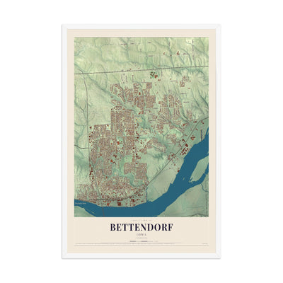 Map of Bettendorf, Iowa, 12 x 18 inch print in a white wood frame