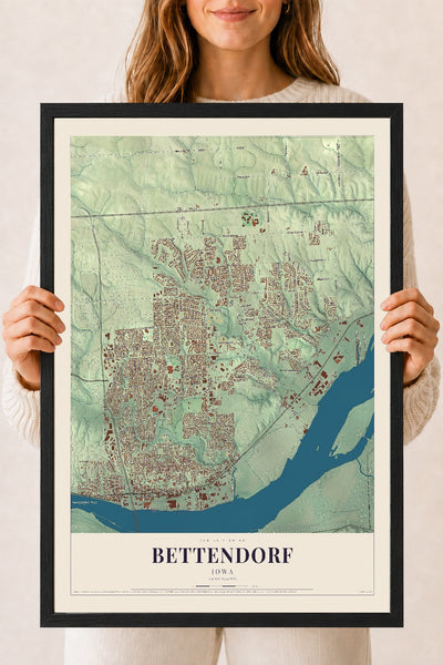 Map of Bettendorf, Iowa, 18 x 24 inch print in a black wood frame