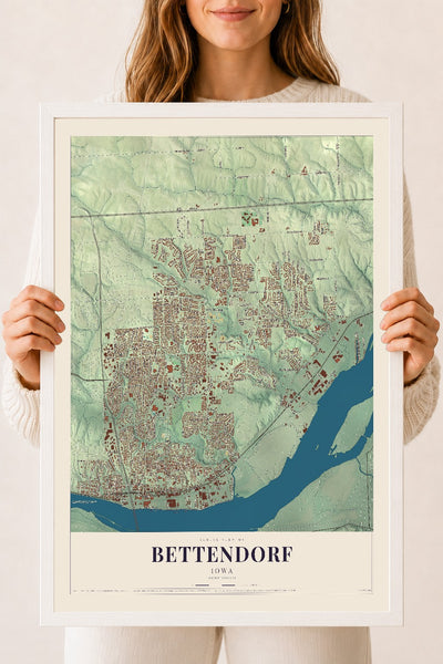 Map of Bettendorf, Iowa, 18 x 24 inch print in a white wood frame