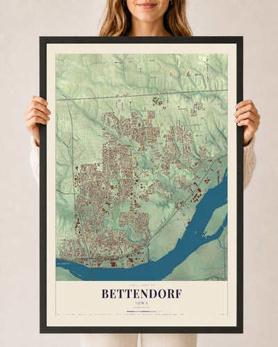 Map of Bettendorf, Iowa, 24 x 36 inch print in a black wood frame