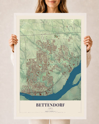 Map of Bettendorf, Iowa, 24 x 36 inch print in a white wood frame