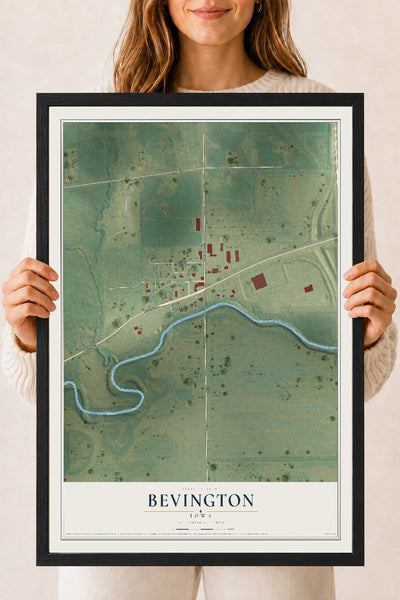 Map of Bevington, Iowa, 18 x 24 inch print in a black wood frame