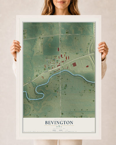 Map of Bevington, Iowa, 24 x 36 inch print in a white wood frame