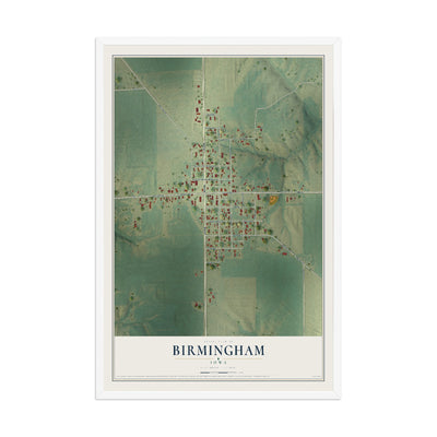 Map of Birmingham, Iowa, 12 x 18 inch print in a white wood frame