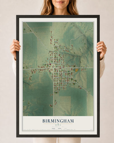Map of Birmingham, Iowa, 24 x 36 inch print in a black wood frame