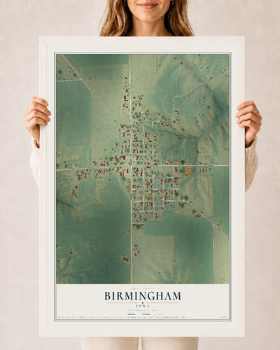 Map of Birmingham, Iowa, 24 x 36 inch print in a white wood frame