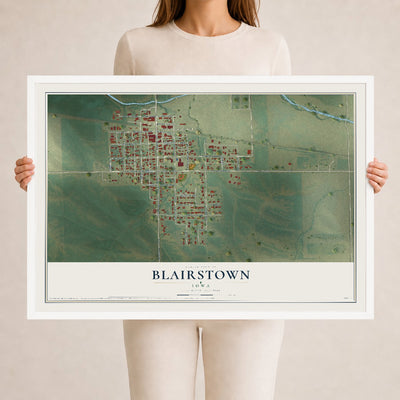 Map of Blairstown, Iowa, 24 x 36 inch print in a white wood frame