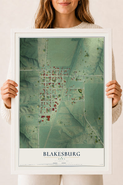Map of Blakesburg, Iowa, 18 x 24 inch print in a white wood frame