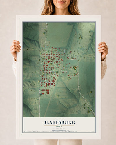 Map of Blakesburg, Iowa, 24 x 36 inch print in a white wood frame