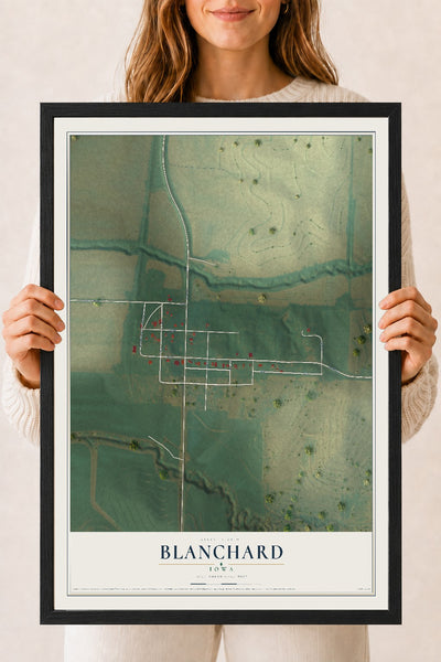 Map of Blanchard, Iowa, 18 x 24 inch print in a black wood frame
