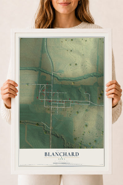 Map of Blanchard, Iowa, 18 x 24 inch print in a white wood frame
