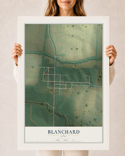 Map of Blanchard, Iowa, 24 x 36 inch print in a white wood frame