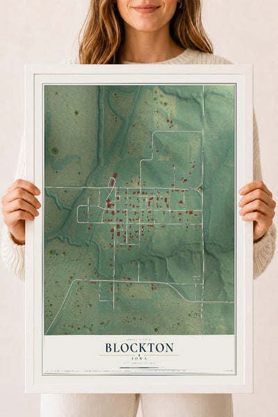 Map of Blockton, Iowa, 18 x 24 inch print in a white wood frame