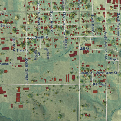 Second close-up of the map of Bloomfield, Iowa print showing more streets and buildings