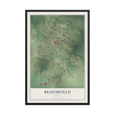 Map of Bloomfield, Iowa, 12 x 18 inch print in a black wood frame