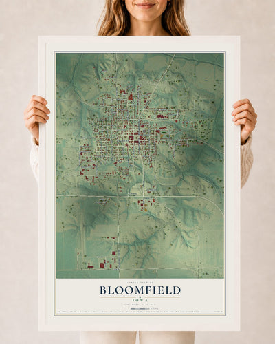 Map of Bloomfield, Iowa, 24 x 36 inch print in a white wood frame
