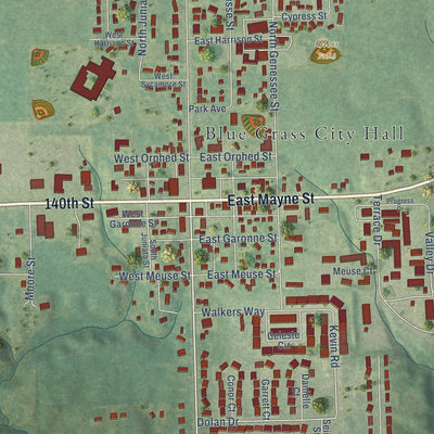 Close-up of the map of Blue Grass, Iowa print showing street and building detail