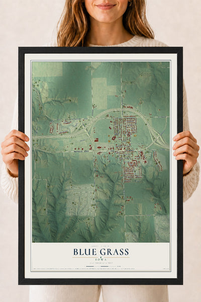Map of Blue Grass, Iowa, 18 x 24 inch print in a black wood frame