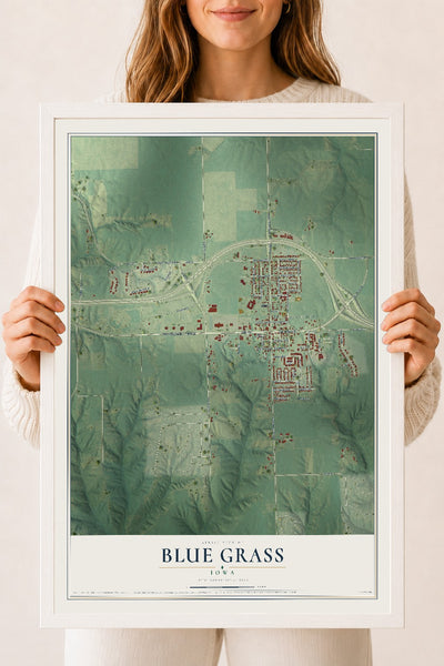 Map of Blue Grass, Iowa, 18 x 24 inch print in a white wood frame