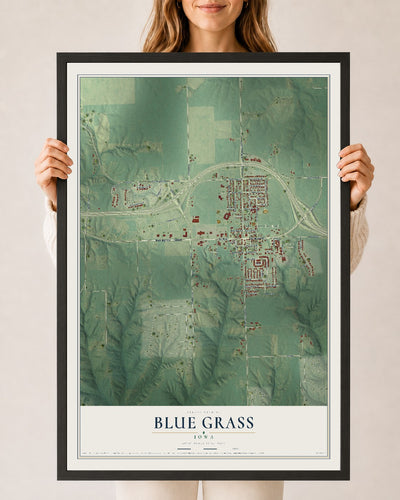 Map of Blue Grass, Iowa, 24 x 36 inch print in a black wood frame