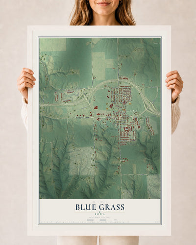 Map of Blue Grass, Iowa, 24 x 36 inch print in a white wood frame