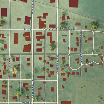 Close-up of the map of Bode, Iowa print showing street and building detail