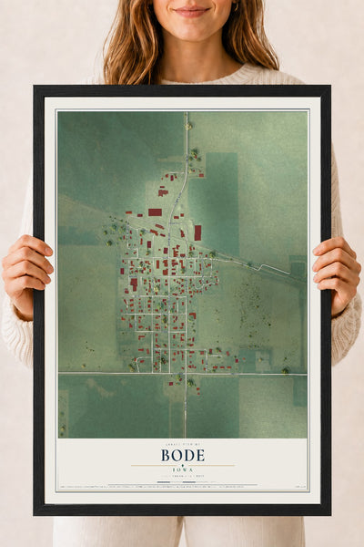 Map of Bode, Iowa, 18 x 24 inch print in a black wood frame