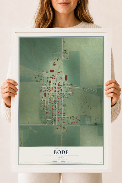 Map of Bode, Iowa, 18 x 24 inch print in a white wood frame