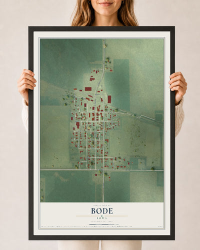 Map of Bode, Iowa, 24 x 36 inch print in a black wood frame