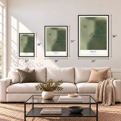 Bolan, Iowa map in 12 x 18, 18 x 24 and 24 x 36 inch sizes above a sofa