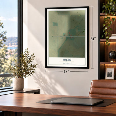 Bolan, Iowa map, 18 x 24 inch print in a black frame in a home office