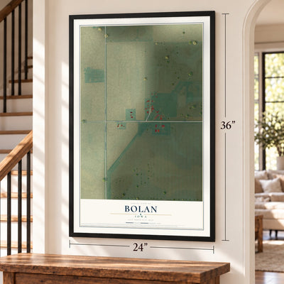 Bolan, Iowa map, 24 x 36 inch print in a black frame by a staircase