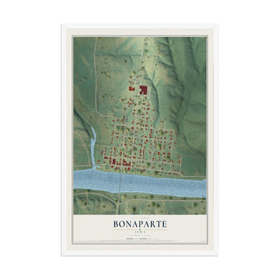 Map of Bonaparte, Iowa, 12 x 18 inch print in a white wood frame