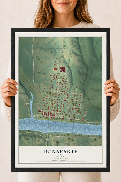 Map of Bonaparte, Iowa, 18 x 24 inch print in a black wood frame
