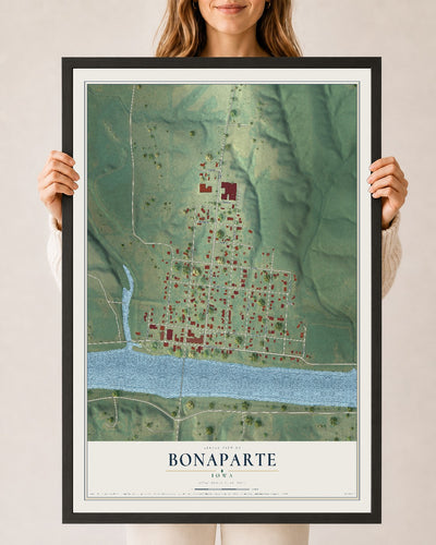 Map of Bonaparte, Iowa, 24 x 36 inch print in a black wood frame