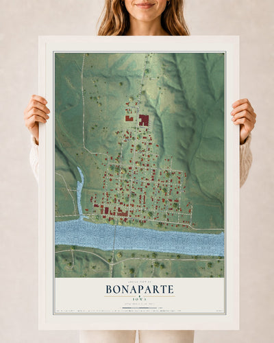 Map of Bonaparte, Iowa, 24 x 36 inch print in a white wood frame