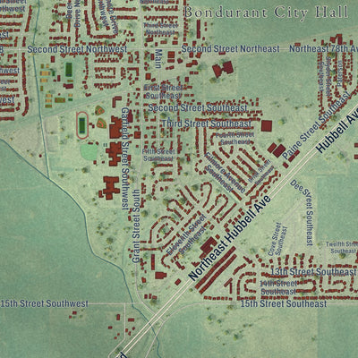 Close-up of the map of Bondurant, Iowa print showing street and building detail