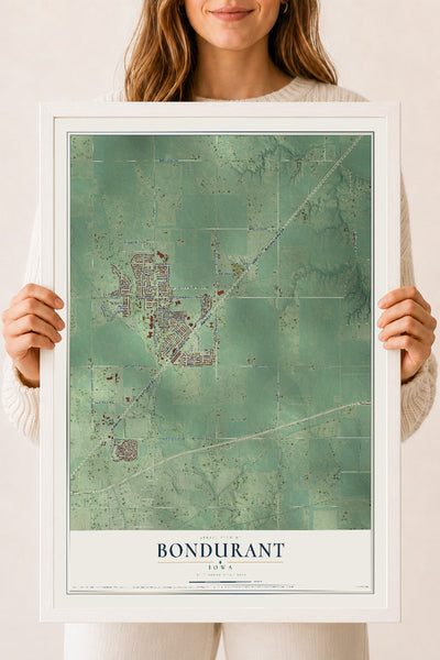 Map of Bondurant, Iowa, 18 x 24 inch print in a white wood frame