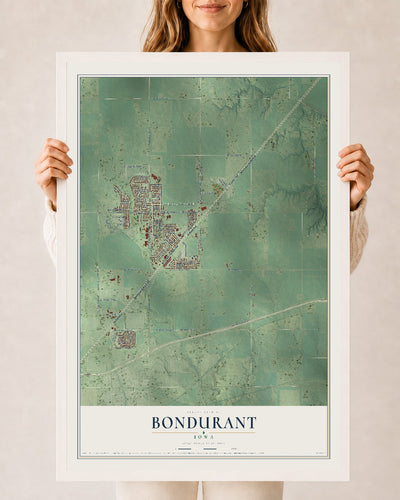 Map of Bondurant, Iowa, 24 x 36 inch print in a white wood frame