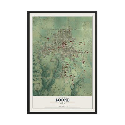 Map of Boone, Iowa, 12 x 18 inch print in a black wood frame